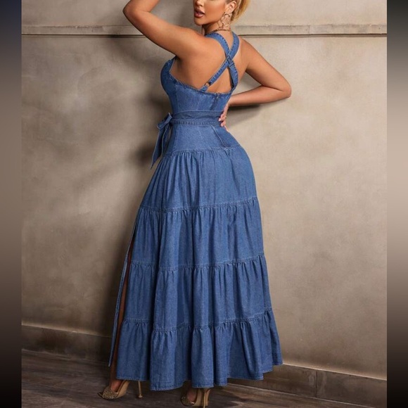 Boho Women Dark Wash High Slit Criss Cross Back Ruffle Hem Long Denim Dress - Picture 2 of 6